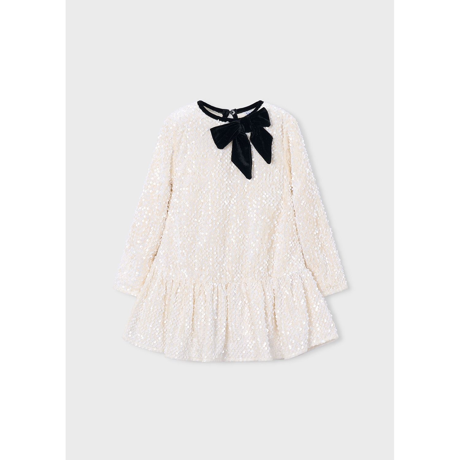 CREAM SEQUIN DRESS BLACK VELVET BOW TRIM / 4931-047