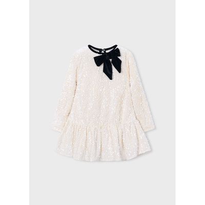 CREAM SEQUIN DRESS BLACK VELVET BOW TRIM / 4931-047