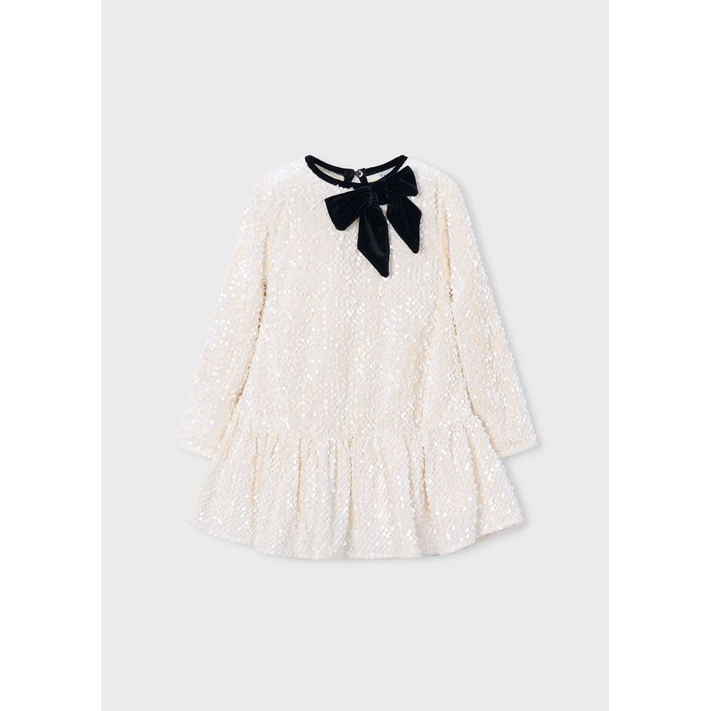 CREAM SEQUIN DRESS BLACK VELVET BOW TRIM / 4931-047
