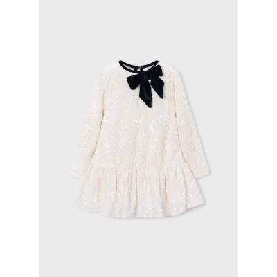 CREAM SEQUIN DRESS BLACK VELVET BOW TRIM / 4931-047