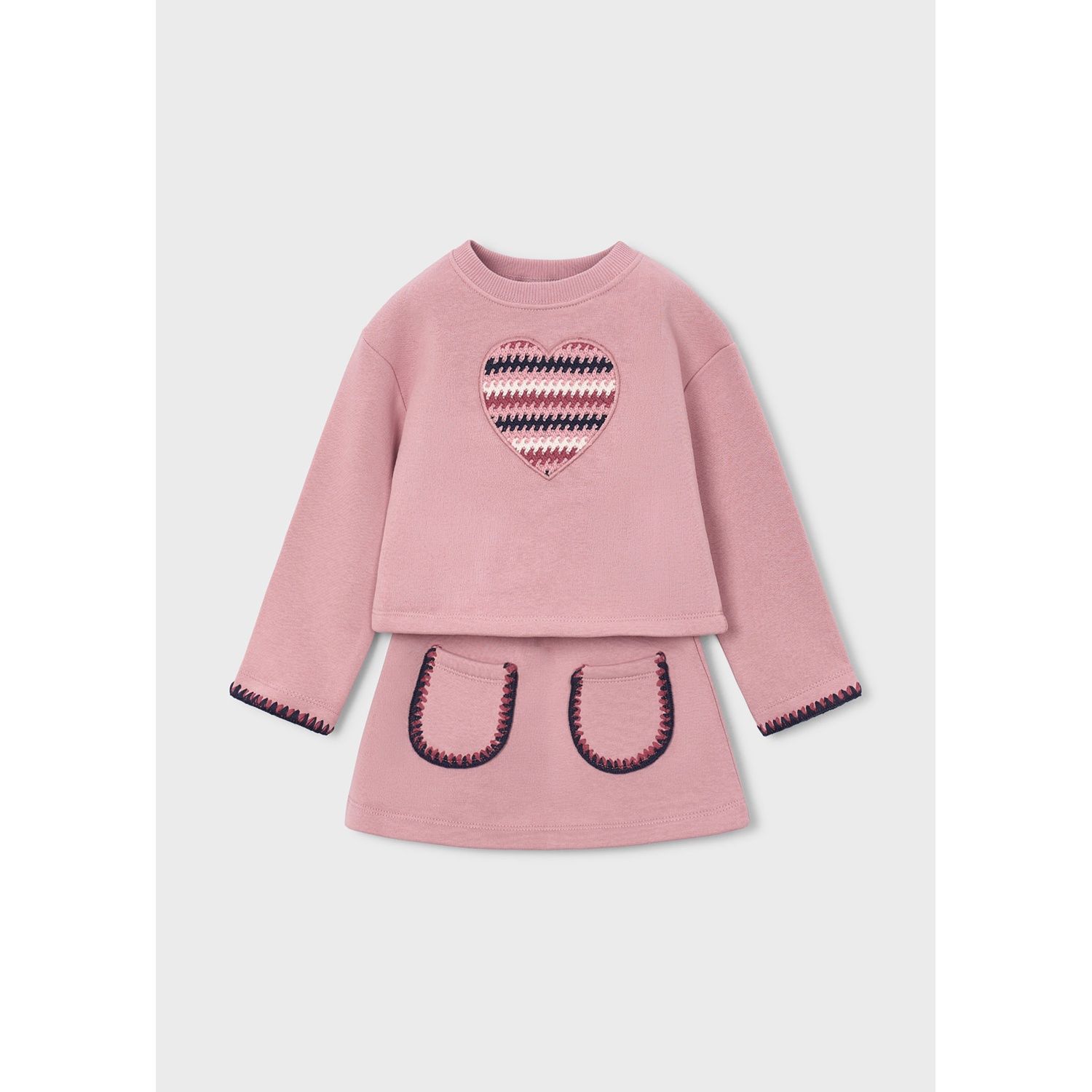 2PC PINK SKIRT SET HEART APPLIQUE FLEECE 2 POCKETS NAVY TRIM / 4932-053