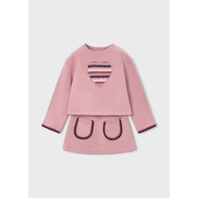 2PC PINK SKIRT SET HEART APPLIQUE FLEECE 2 POCKETS NAVY TRIM / 4932-053