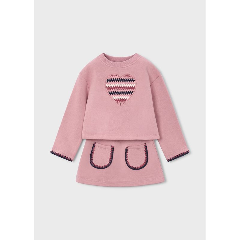 2PC PINK SKIRT SET HEART APPLIQUE FLEECE 2 POCKETS NAVY TRIM / 4932-053