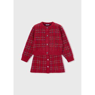 RED CHECK SKIRT SET TRICOT HEART SHAPE BUTTON TRIM / 4935-031