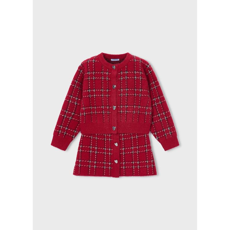 RED CHECK SKIRT SET TRICOT HEART SHAPE BUTTON TRIM / 4935-031