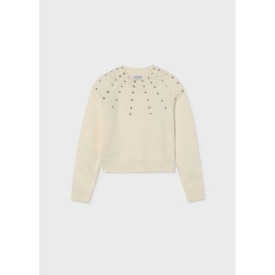 CREAM KNIT SWEATER RHINESTONE TRIM / 7343-023
