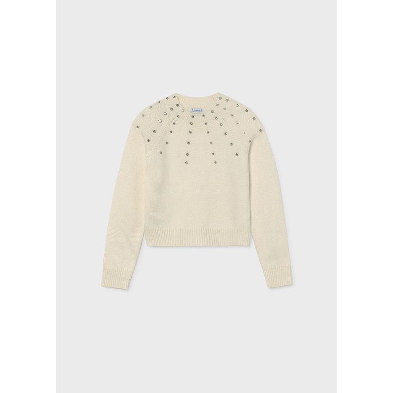 CREAM KNIT SWEATER RHINESTONE TRIM / 7343-023