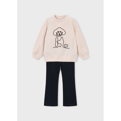 2PC BEIGE & BLACK LEGGING SET BLK EMBROIDERED PUPPY / 4733-039