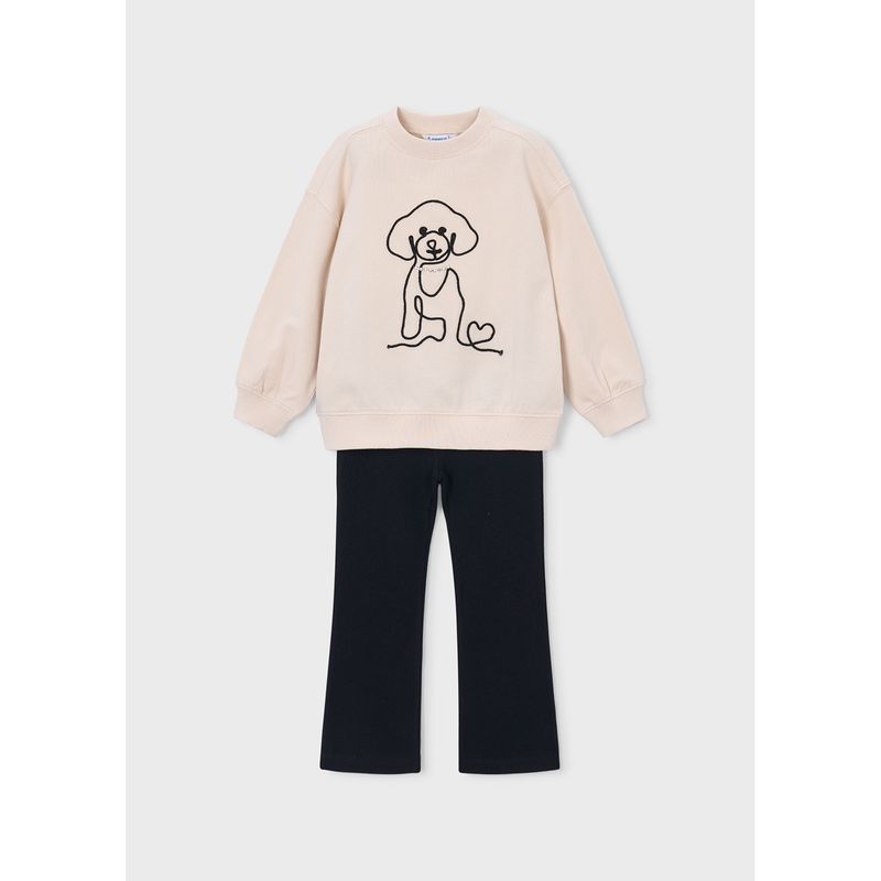 2PC BEIGE & BLACK LEGGING SET BLK EMBROIDERED PUPPY / 4733-039