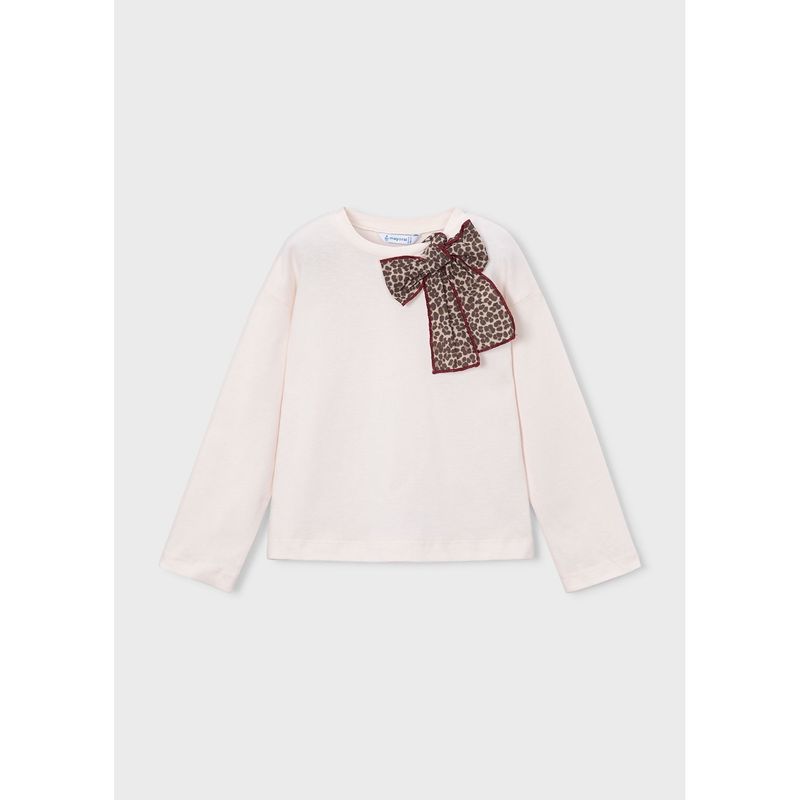 BEIGE TSHIRT BROWN & RED PAW PRINT BOW LONG SLEEVE / 4029-0084