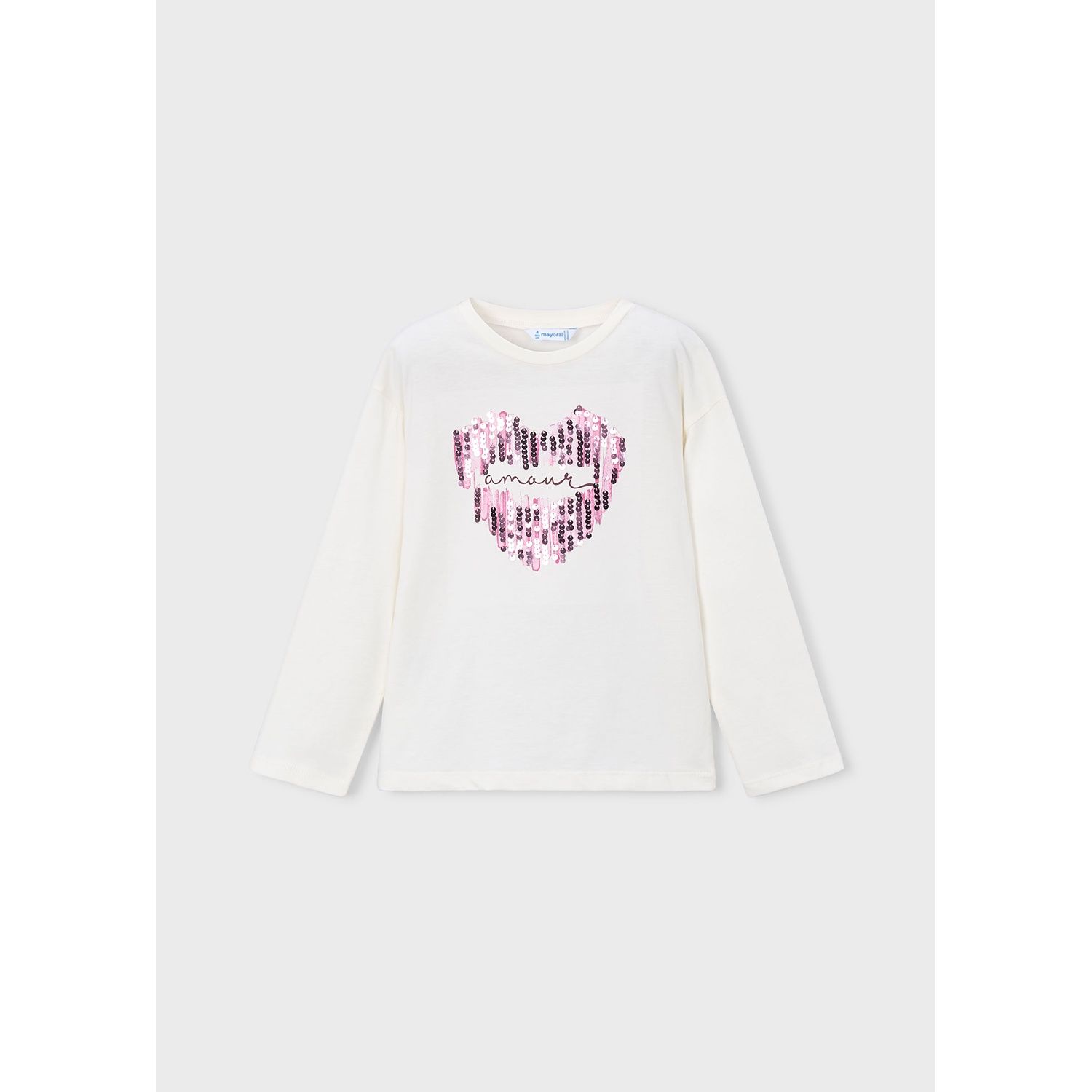 CREAM TSHIRT MAUVE SEQUIN HEART LONG SLEEVE / 4031-096