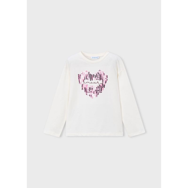 CREAM TSHIRT MAUVE SEQUIN HEART LONG SLEEVE / 4031-096