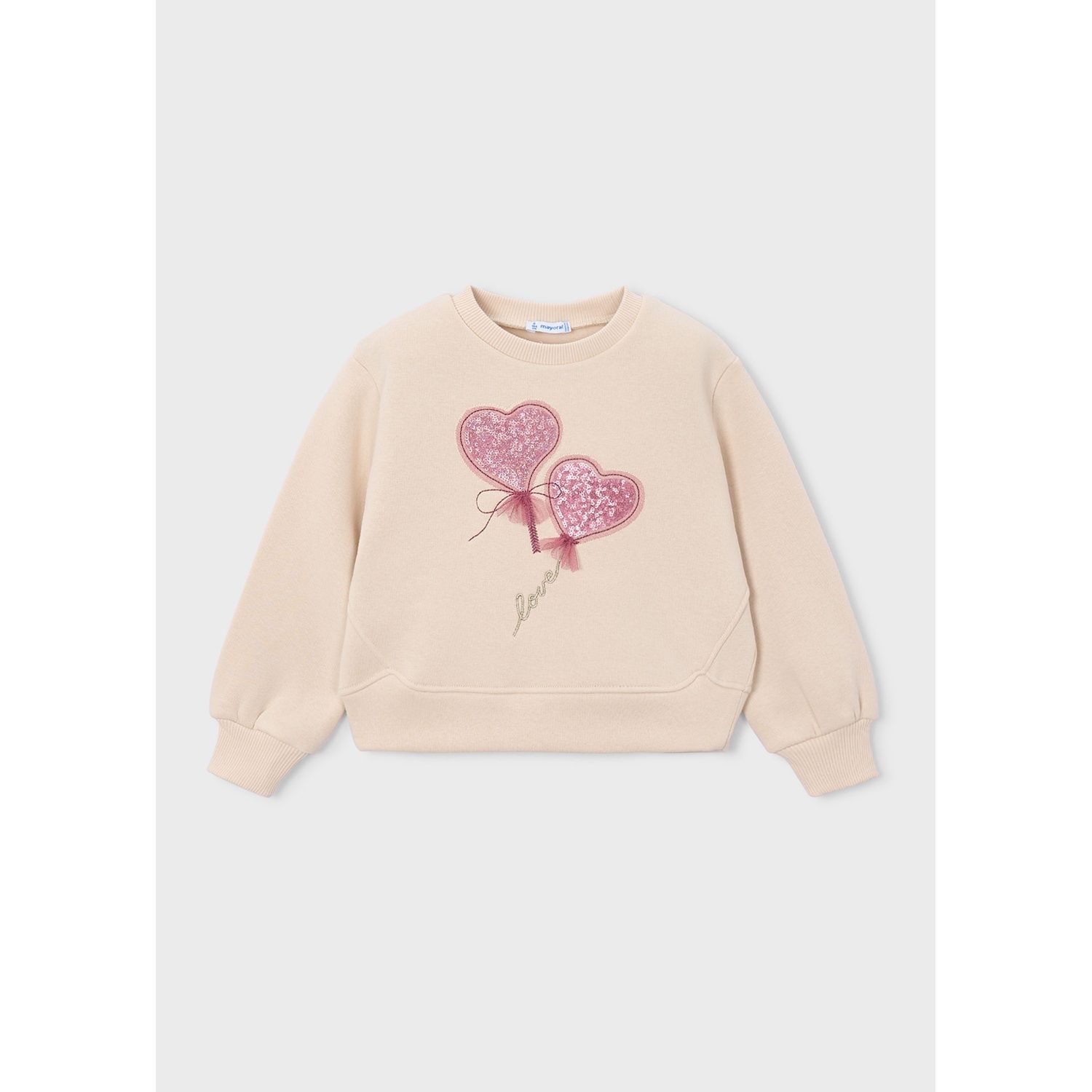 BEIGE PULLOVER PINK SPARKLY HEART APPLIQUE LONG SLEEVE / 4408-086