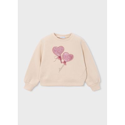 BEIGE PULLOVER PINK SPARKLY HEART APPLIQUE LONG SLEEVE / 4408-086