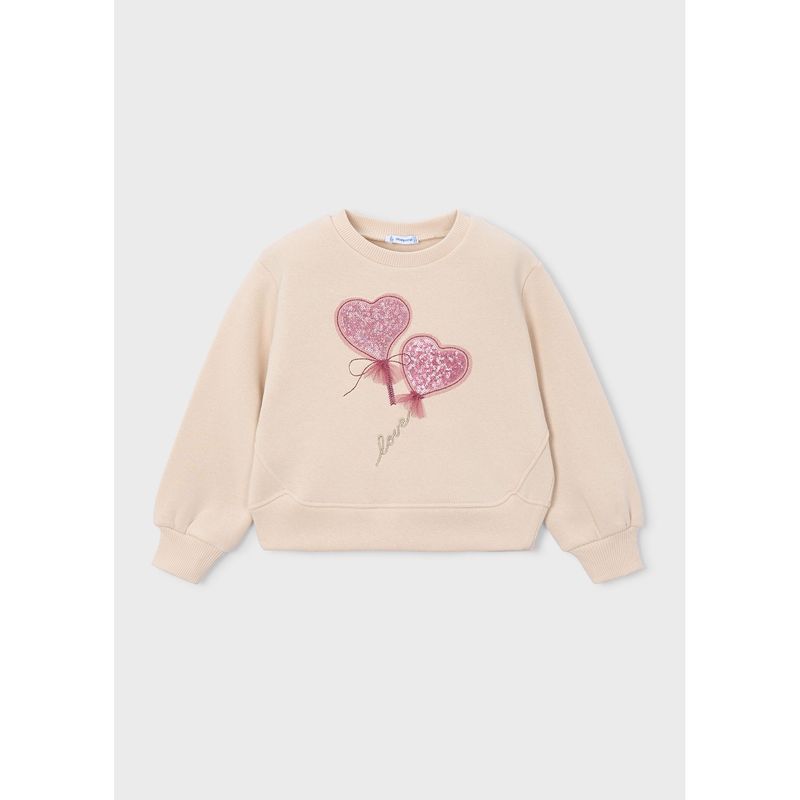 BEIGE PULLOVER PINK SPARKLY HEART APPLIQUE LONG SLEEVE / 4408-086