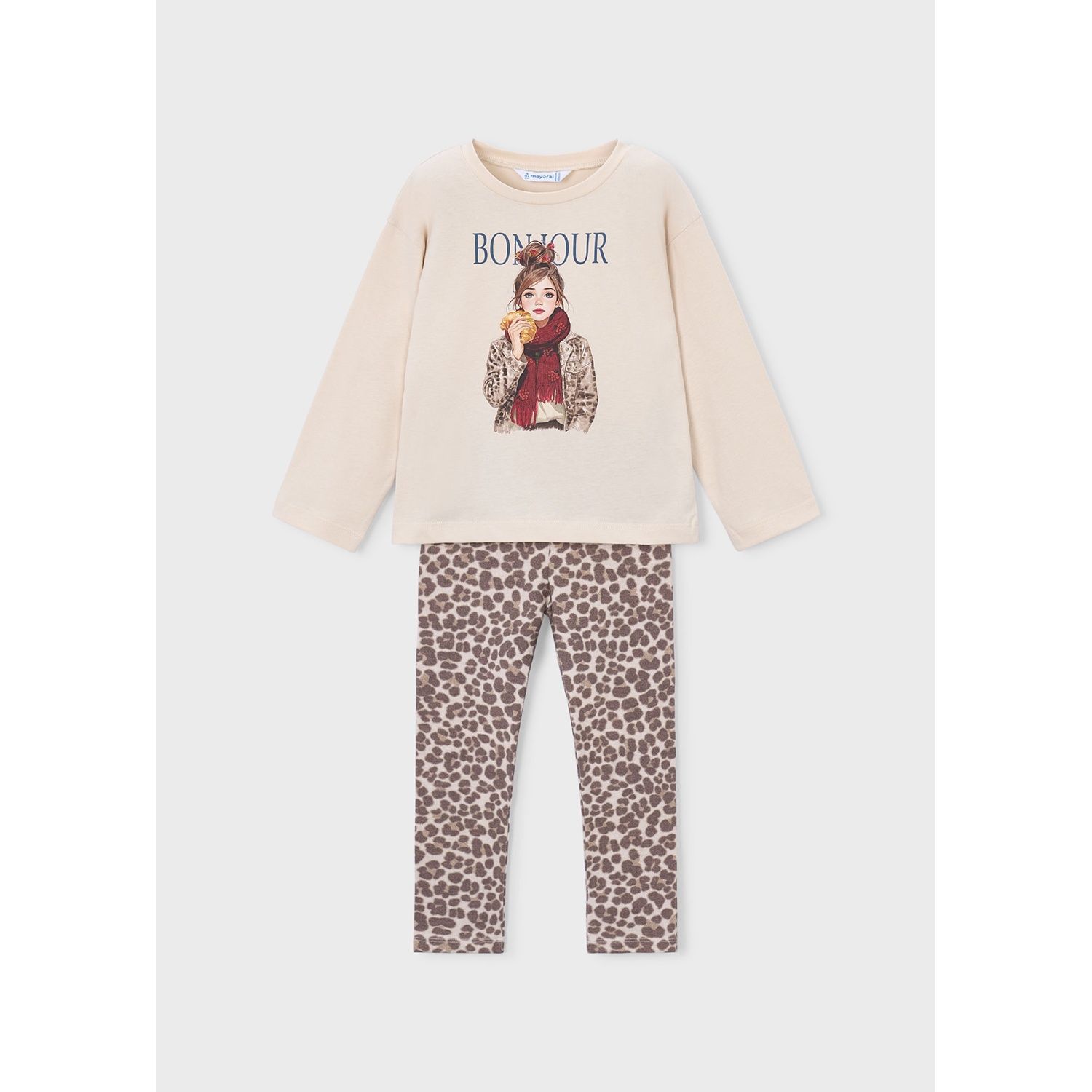 2PC BEIGE TOP BROWN PRINTED LEGGING SET GIRL PRINT / 4734-075