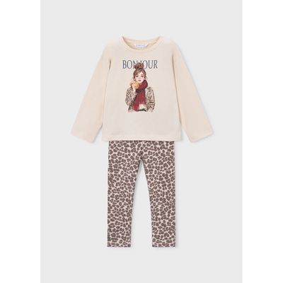 2PC BEIGE TOP BROWN PRINTED LEGGING SET GIRL PRINT / 4734-075