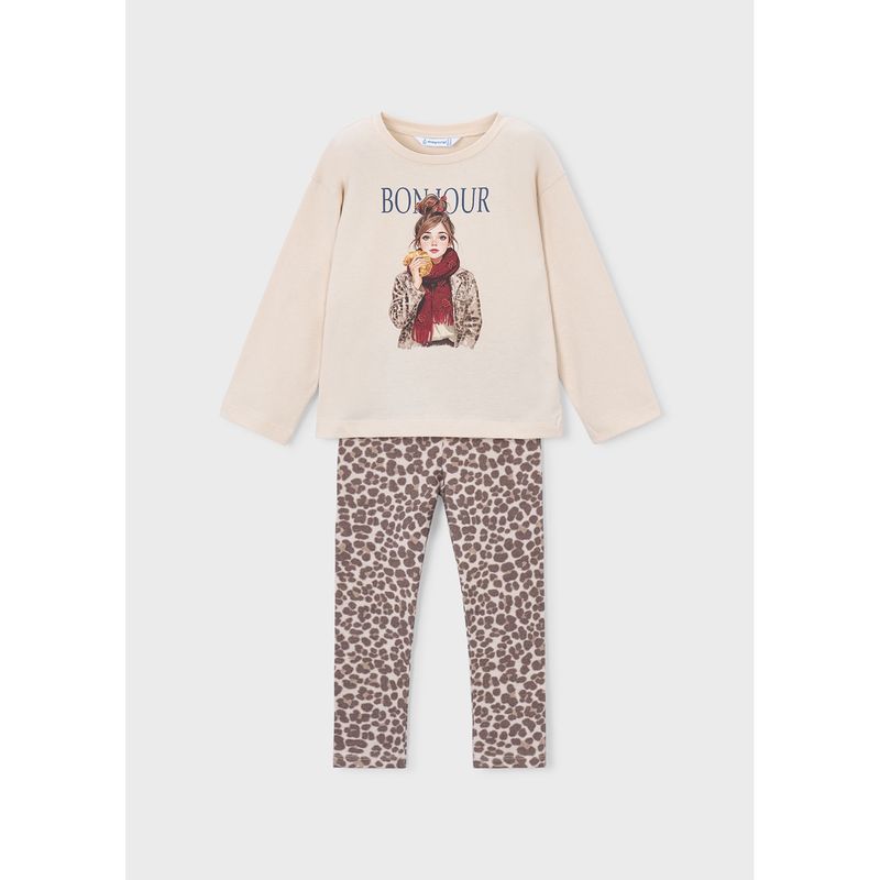 2PC BEIGE TOP BROWN PRINTED LEGGING SET GIRL PRINT / 4734-075