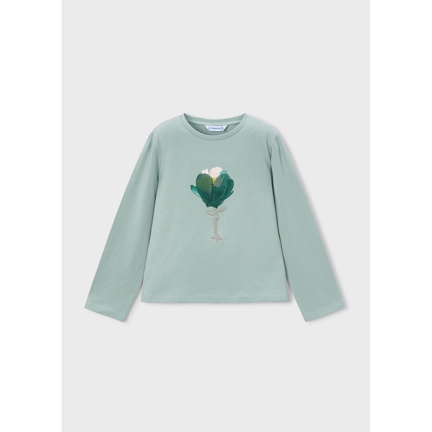 GREEN TSHIRT TULLE & SILVER FLOWER APPLIQUE LONG SLEEVE / 033-010