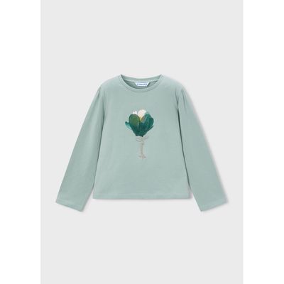 GREEN TSHIRT TULLE & SILVER FLOWER APPLIQUE LONG SLEEVE / 033-010