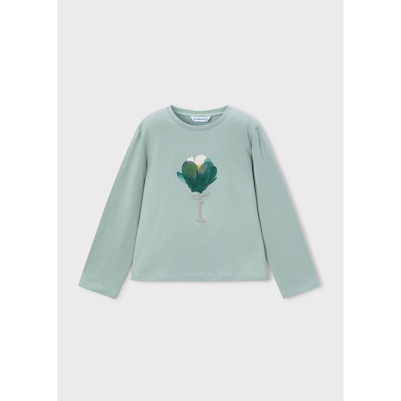 GREEN TSHIRT TULLE & SILVER FLOWER APPLIQUE LONG SLEEVE / 033-010