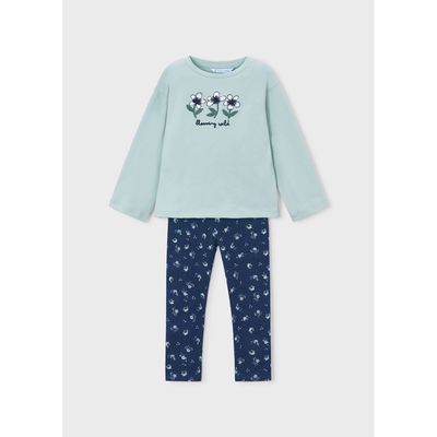 2PC GREEN TOP NAVY PRINTED LEGGING FLOWER PRINT / 4734-076