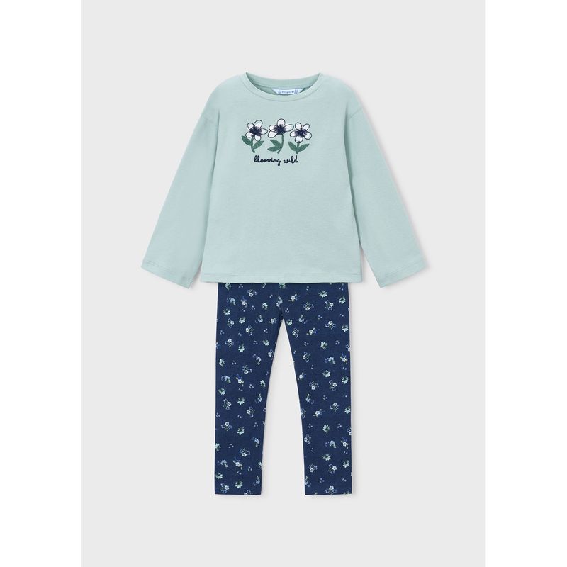 2PC GREEN TOP NAVY PRINTED LEGGING FLOWER PRINT / 4734-076