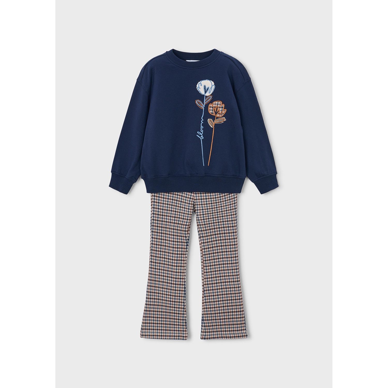 2PC NAVY TOP & BROWN NAVY CHECK FLEECE LEGGING FLOWER APPLIQUE / 4738-080