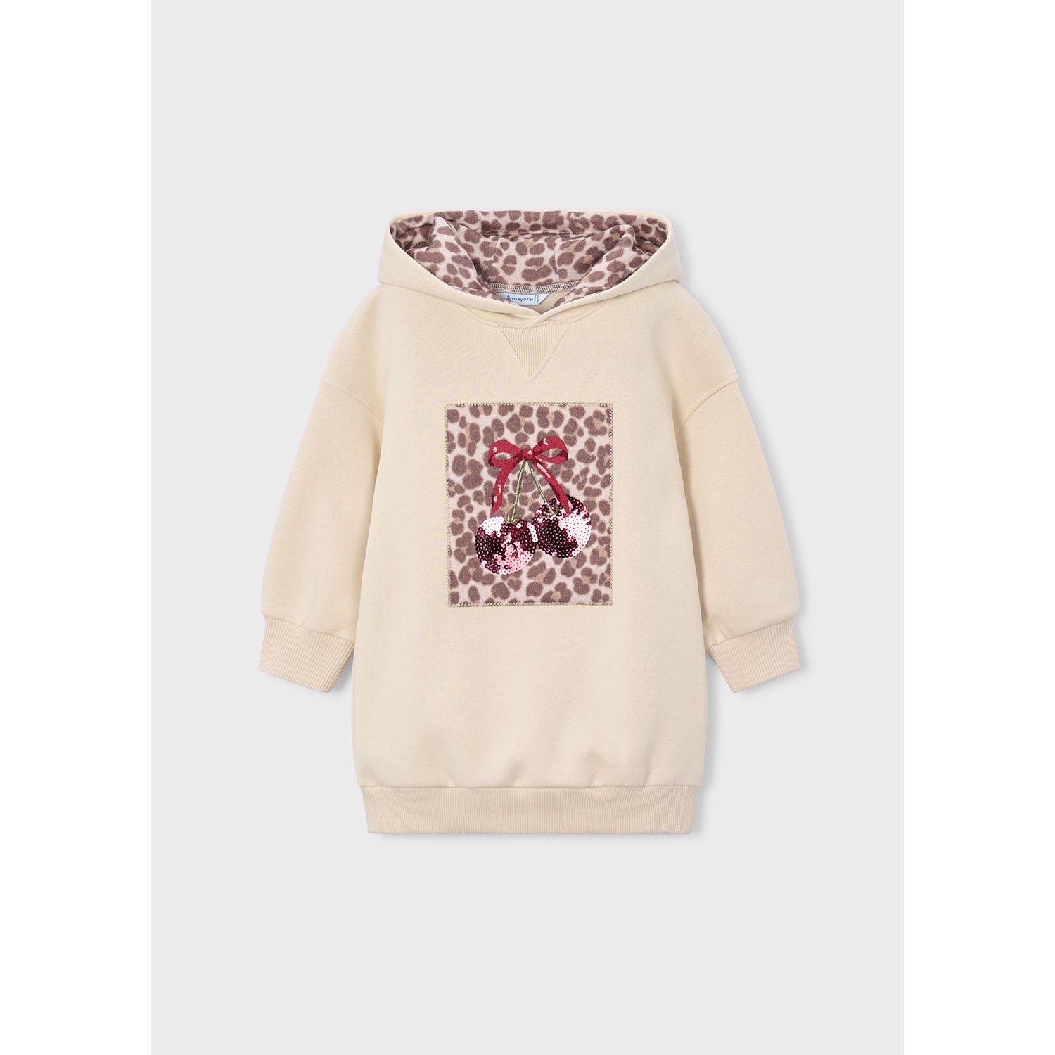 BEIGE HOODED FLEECE DRESS BROWN & RED & SEQUINS APPLIQUE / 4916-025