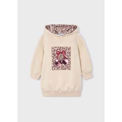 BEIGE HOODED FLEECE DRESS BROWN & RED & SEQUINS APPLIQUE / 4916-025