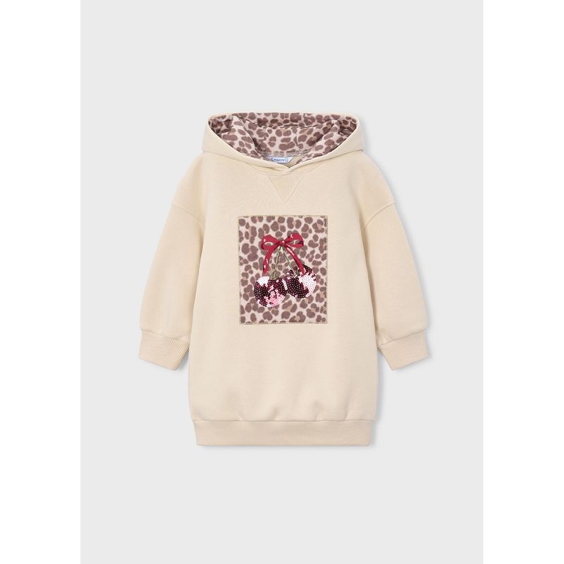 BEIGE HOODED FLEECE DRESS BROWN & RED & SEQUINS APPLIQUE / 4916-025