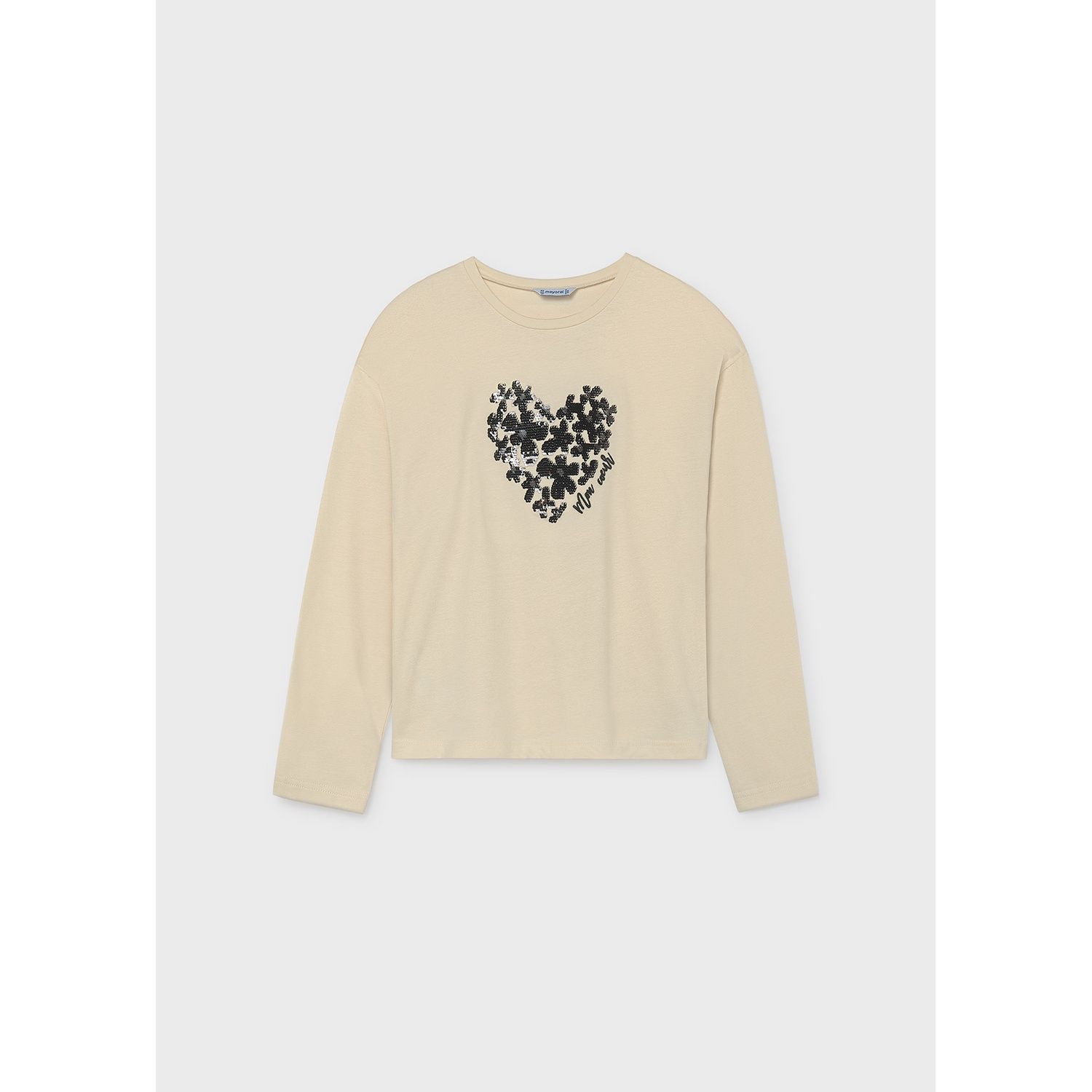 BEIGE TSHIRT BLACK SEQUIN HEART LONG SLEEVE / 7064-063