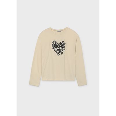 BEIGE TSHIRT BLACK SEQUIN HEART LONG SLEEVE / 7064-063