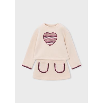 2PC BEIGE FLEECE SKIRT SET LILAC HEART APPLIQUE / 4932-052