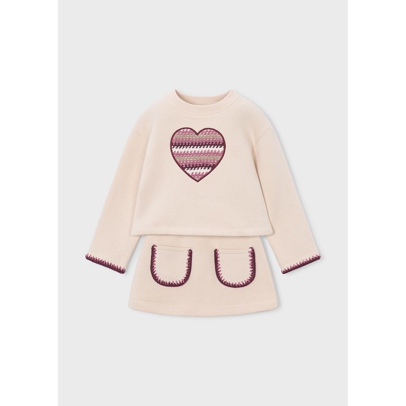 2PC BEIGE FLEECE SKIRT SET LILAC HEART APPLIQUE / 4932-052