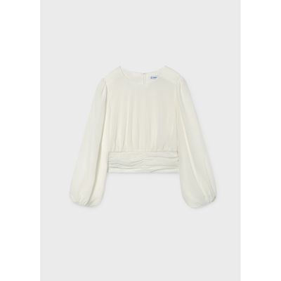 CREAM GAUZE BLOUSE PLEATED WAISTBAND LOLNG SLEEVE / 7102-003