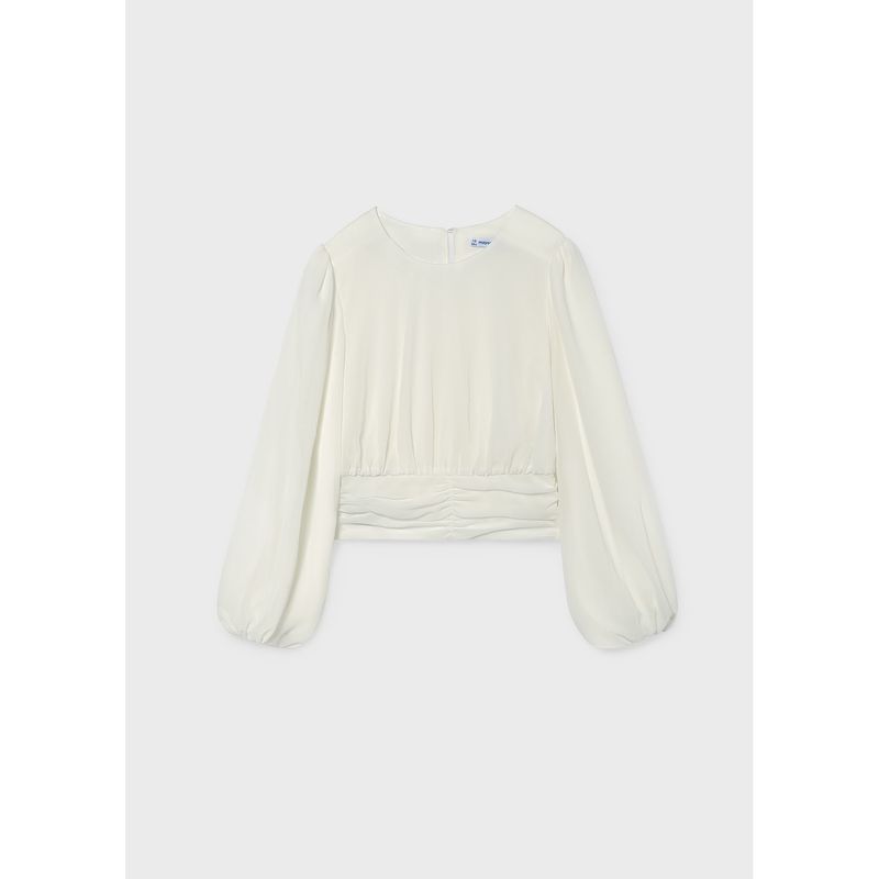 CREAM GAUZE BLOUSE PLEATED WAISTBAND LOLNG SLEEVE / 7102-003