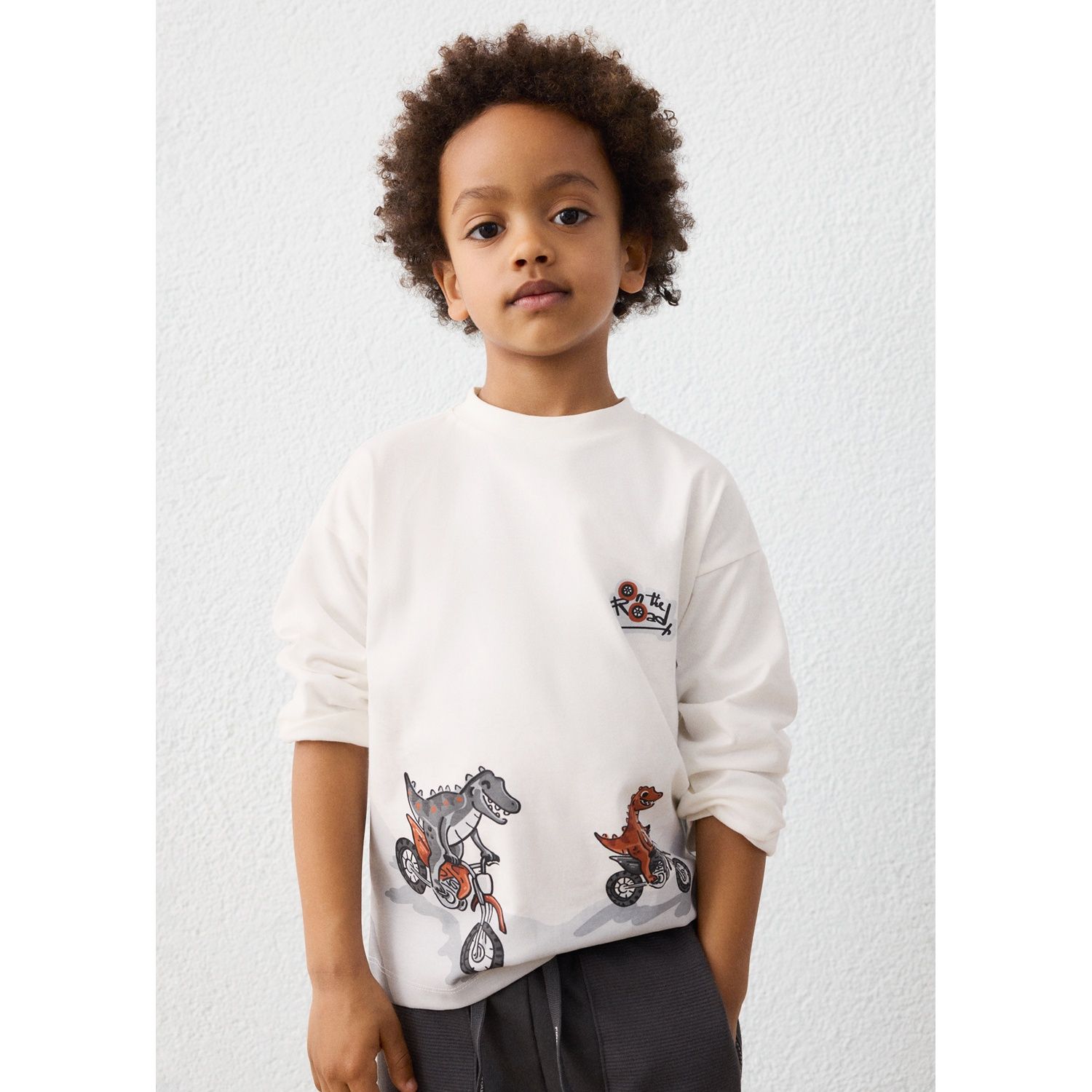 CREAM TSHIRT LONG SLEEVE GREY DINO & BIKE PRINT BACK / 4011-021