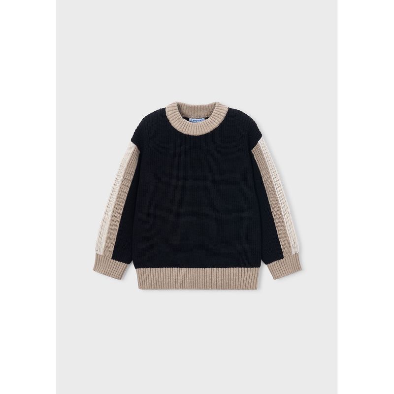 BLACK CABLESTITCH SWEATER BROWN TRIM / 4310-018