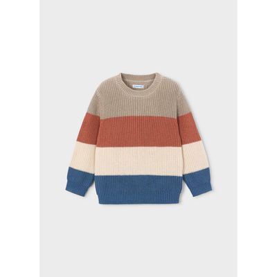 BEIGE RED CREAM & NAVY BLOCK KNIT SWEATER CABLESTITCH / 4305-015