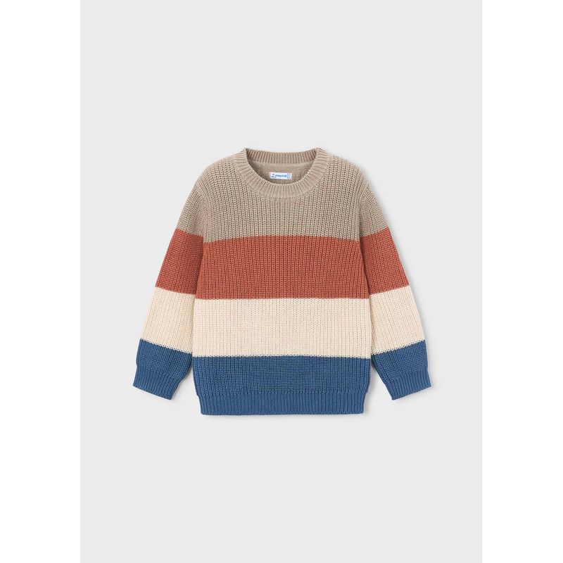 BEIGE RED CREAM & NAVY BLOCK KNIT SWEATER CABLESTITCH / 4305-015