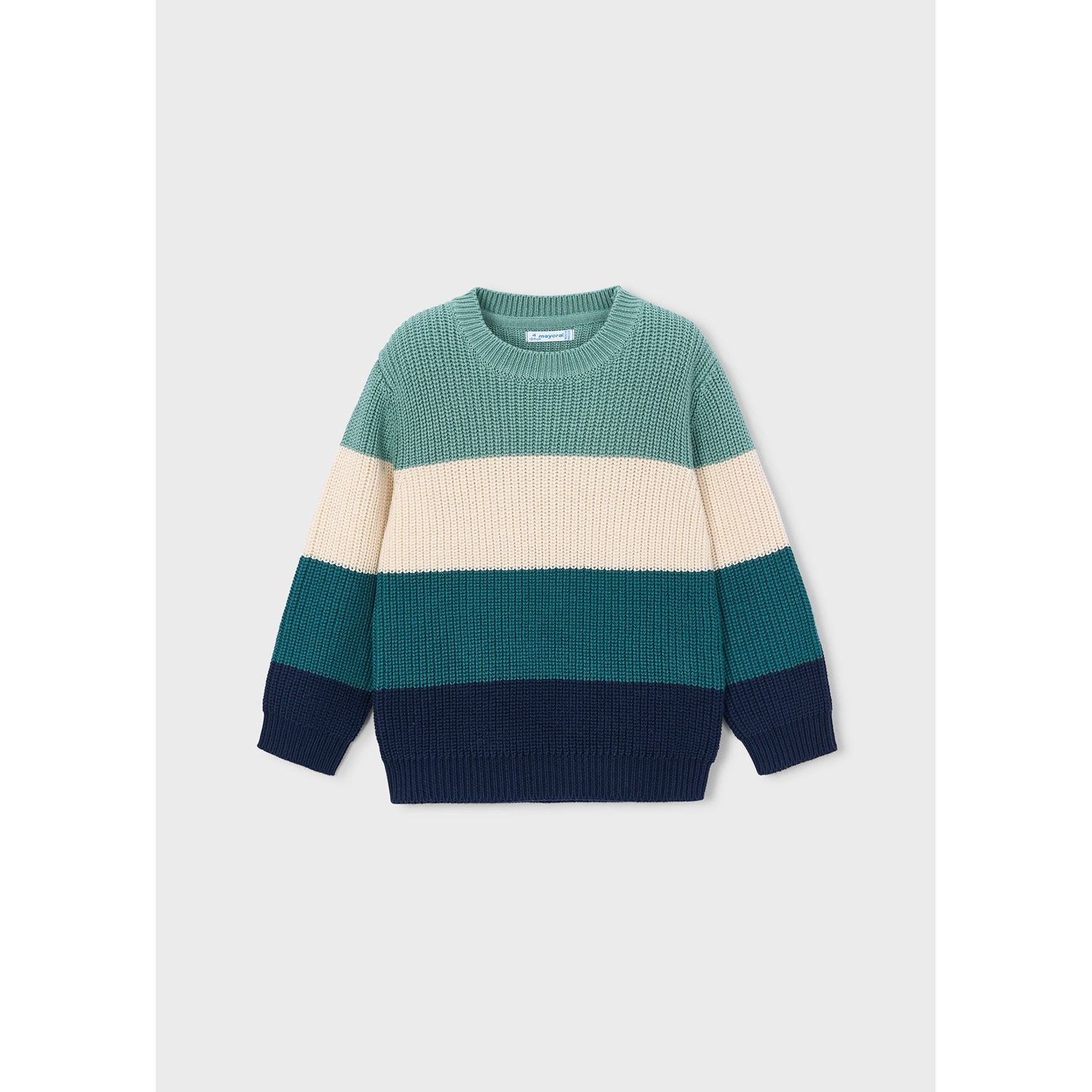 GREEN BEIGE NAVY BLOCK KNIT SWEATER CABLESTITCH / 4305-16