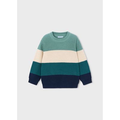 GREEN BEIGE NAVY BLOCK KNIT SWEATER CABLESTITCH / 4305-16