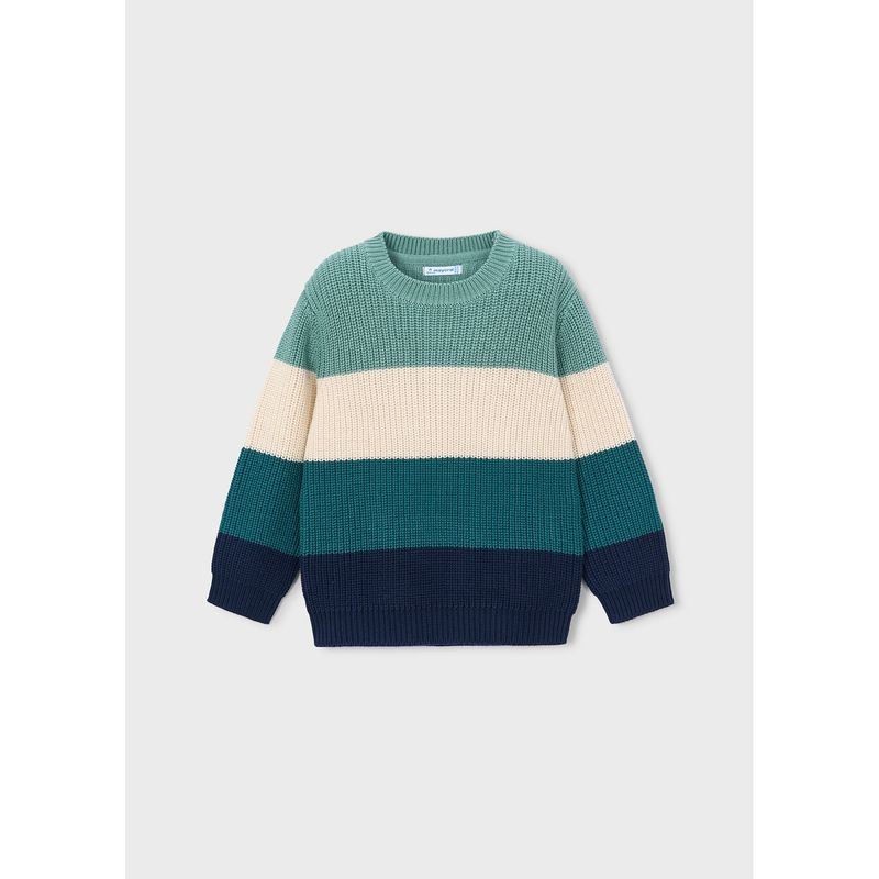 GREEN BEIGE NAVY BLOCK KNIT SWEATER CABLESTITCH / 4305-16