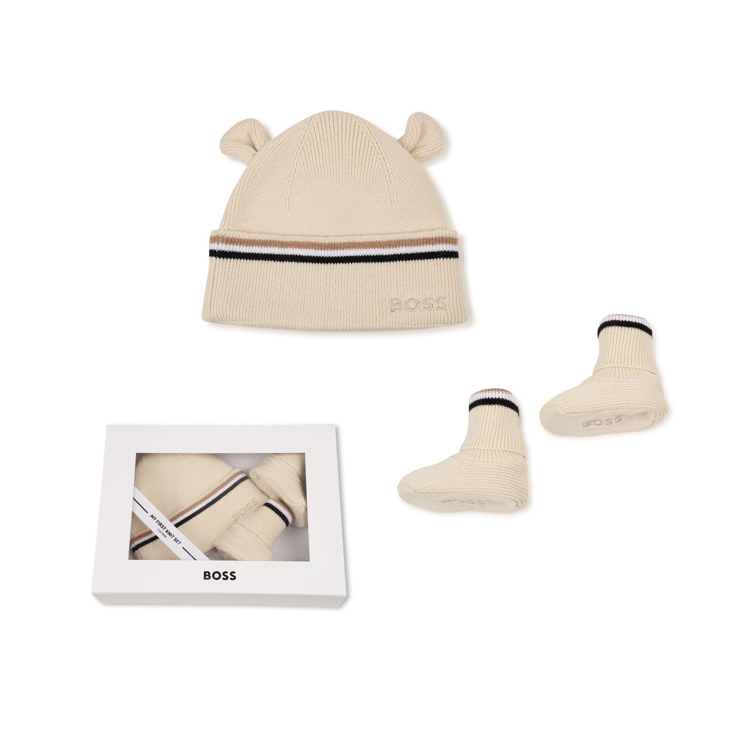 2PC BEIGE KNIT HAT & BOOTIES BROWN & BLACK STRIPE TRIM / J53572-21K