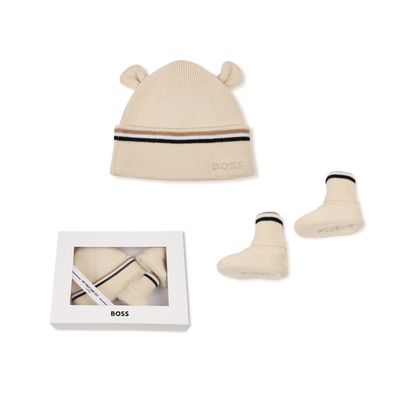 2PC BEIGE KNIT HAT & BOOTIES BROWN & BLACK STRIPE TRIM / J53572-21K