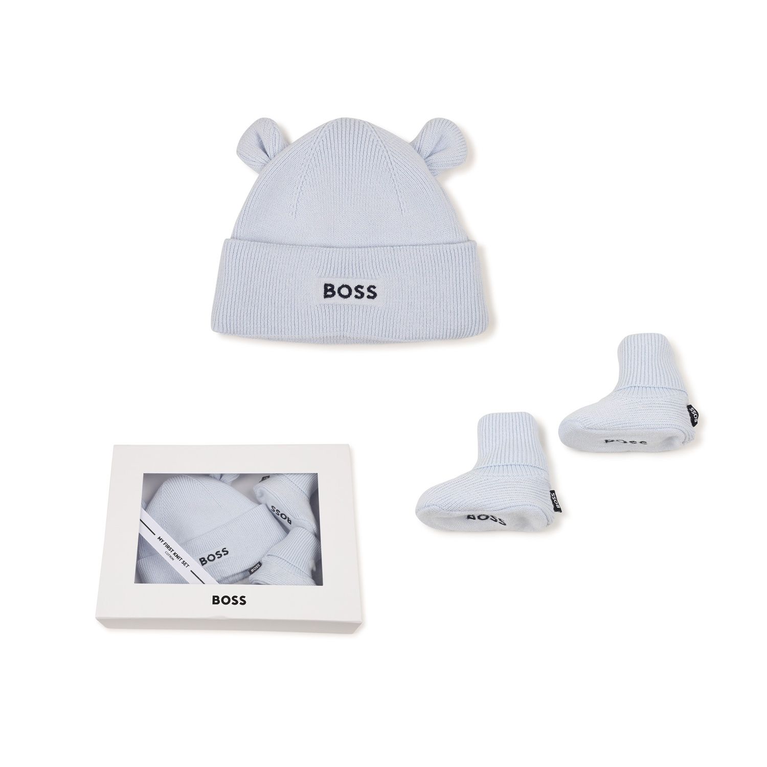 PALE BLUE 2PC KNIT HAT & BOOTIES EMBOSSED BLACK LOGO / J53569-771