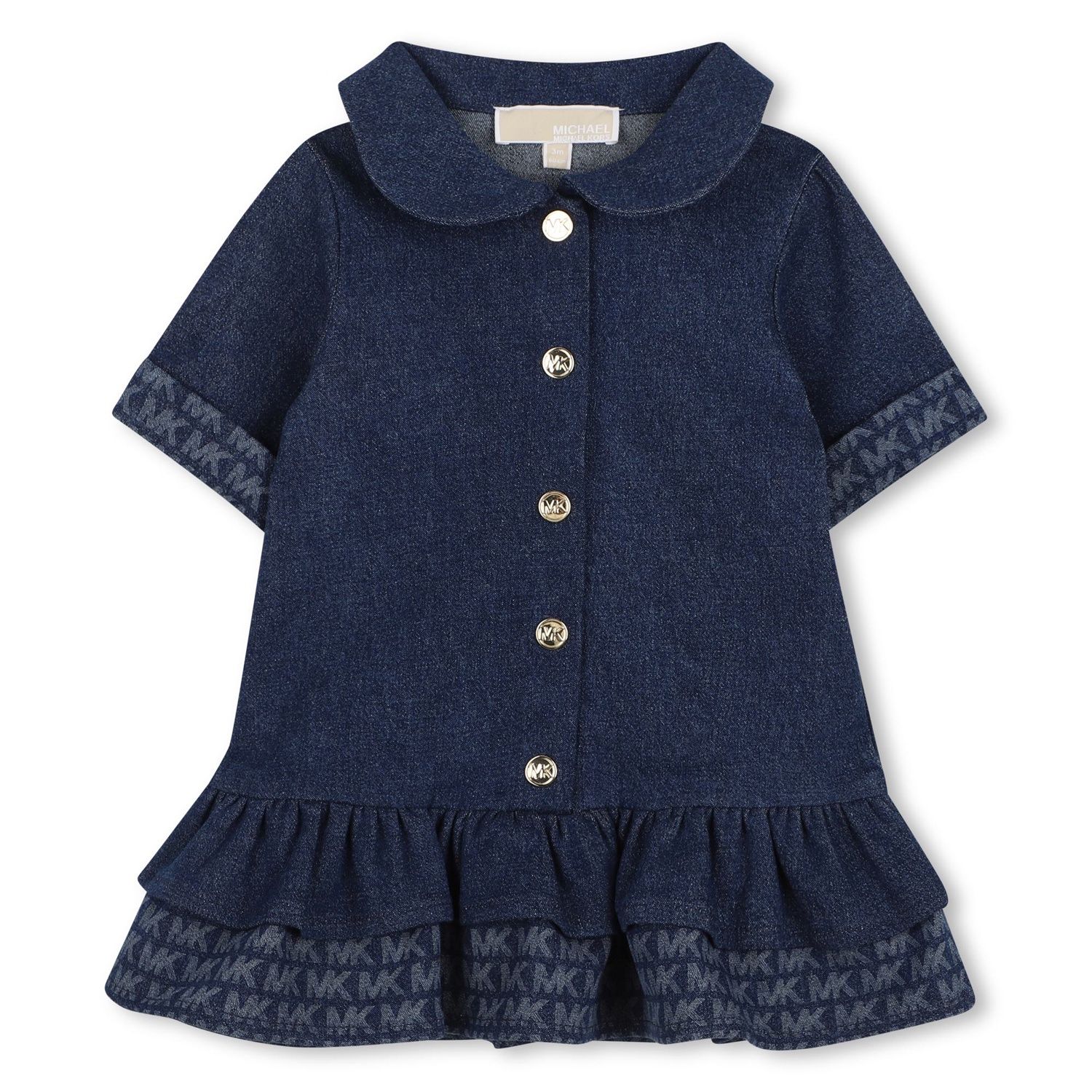 BLUE DENIM DRESS MK PRINTED LOGO TRIM SHORT SLEEVE FRONT CLOSURE / R30836-Z10 BLUE DENIM DRESS MK PRINTED LOGO TRIM SHORT SLEEVE FRONT CLOSURE / R30836-Z10