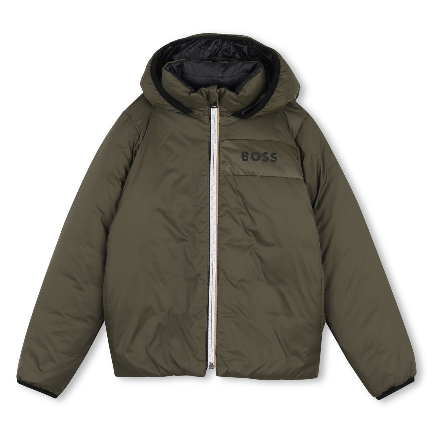 OLIVE GREEN HOODED DOWN JACKET REVERSIBLE / J53439-63D