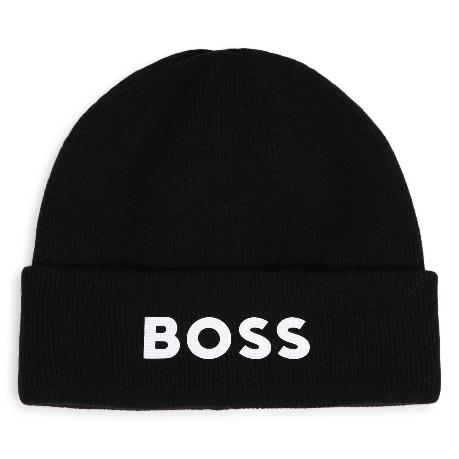 BLACK BEANIE KNIT HAT WHITE BOSS LOGO / J53584-09B